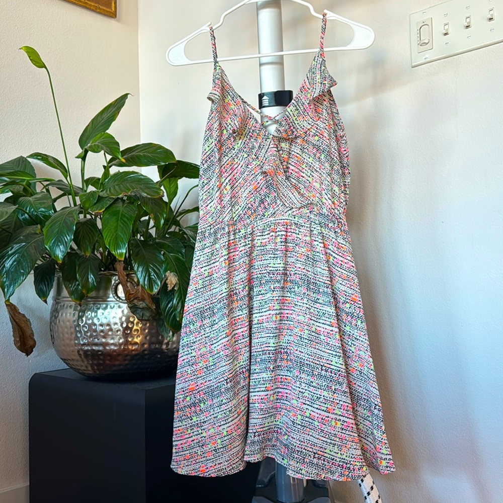 Lush Neon Black White dots Ruffled crossback Summer mini Dress Sz S Faux wrap